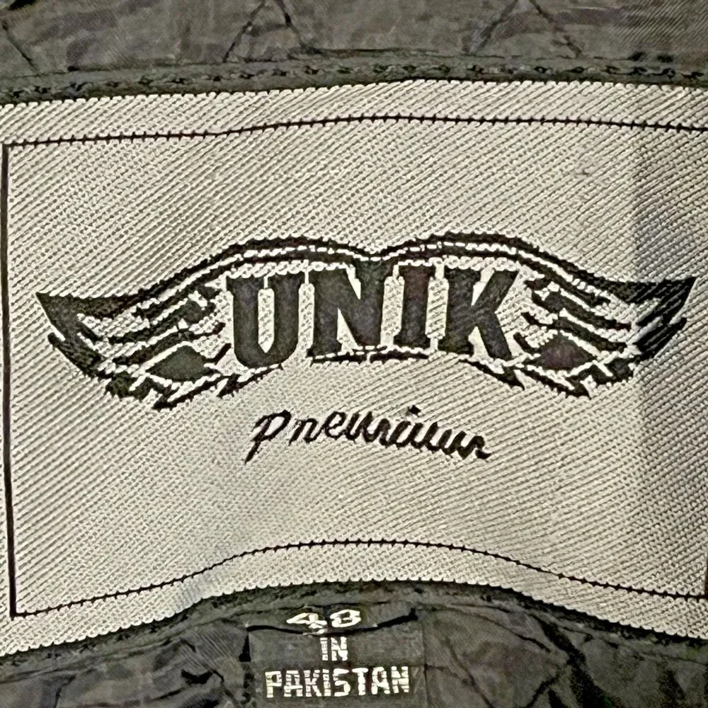 UNIK Premium Mens Heavy Black Leather Motorcycle Jacket Size 48‎ Cross Zip Liner
